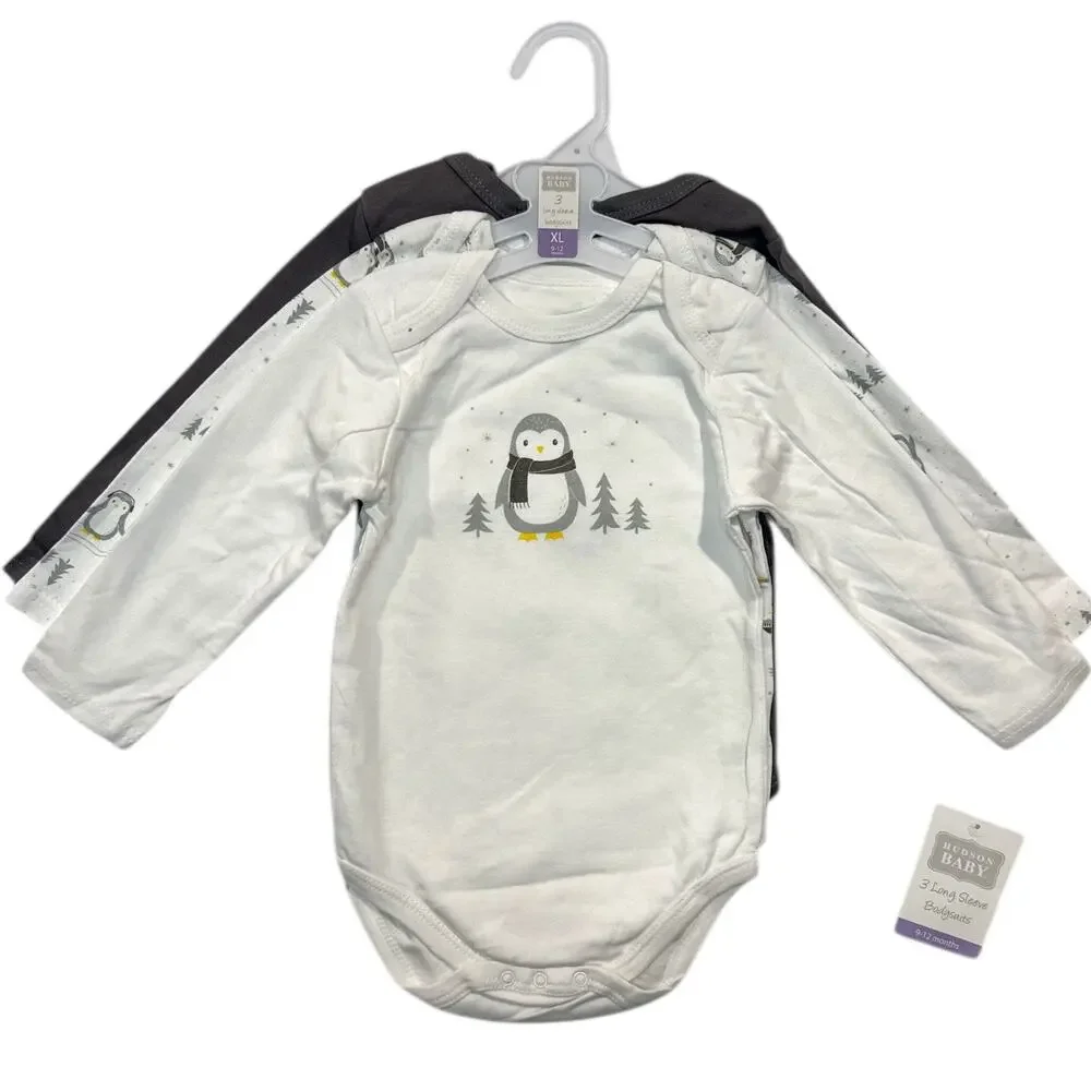 Hudson Baby Unisex Long Sleeve Penguin Bodysuits 3-Pack 9–12 Months NEW